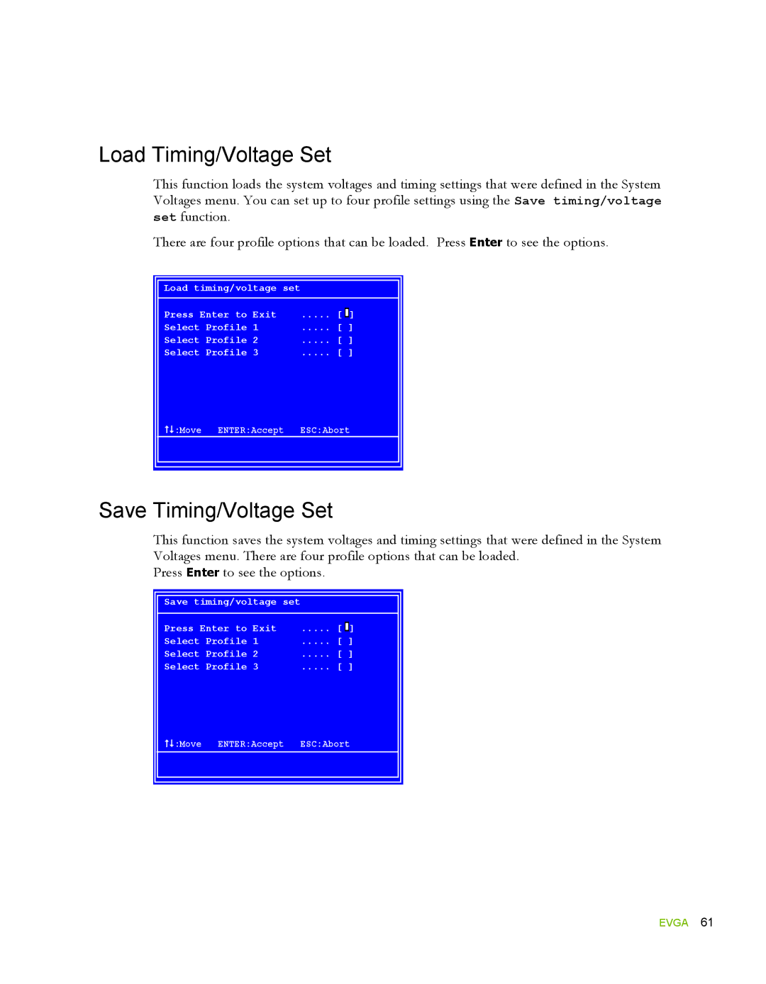 EVGA 780i SLI FTW, 132-YW-E178 manual Load Timing/Voltage Set, Save Timing/Voltage Set 