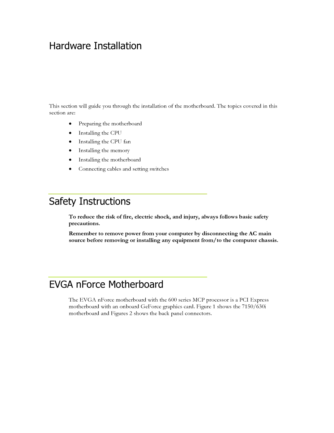 EVGA 630i, e-610i, e-7050, 7150, 112-CK-NF70 specifications Hardware Installation, Safety Instructions, Evga nForce Motherboard 