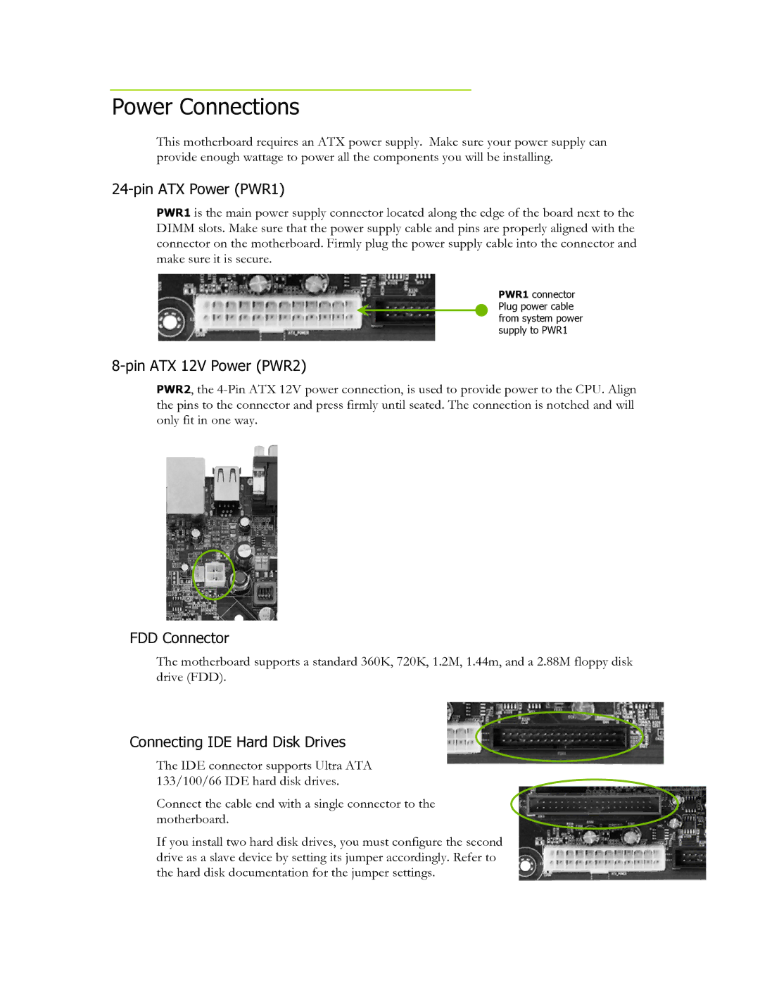 EVGA 630i Power Connections, Pin ATX Power PWR1, Pin ATX 12V Power PWR2, FDD Connector, Connecting IDE Hard Disk Drives 