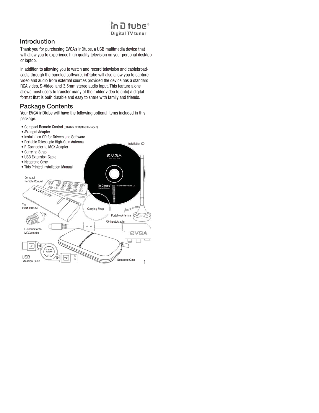 EVGA Digital TV Tuner, EV3A owner manual Introduction, Package Contents 