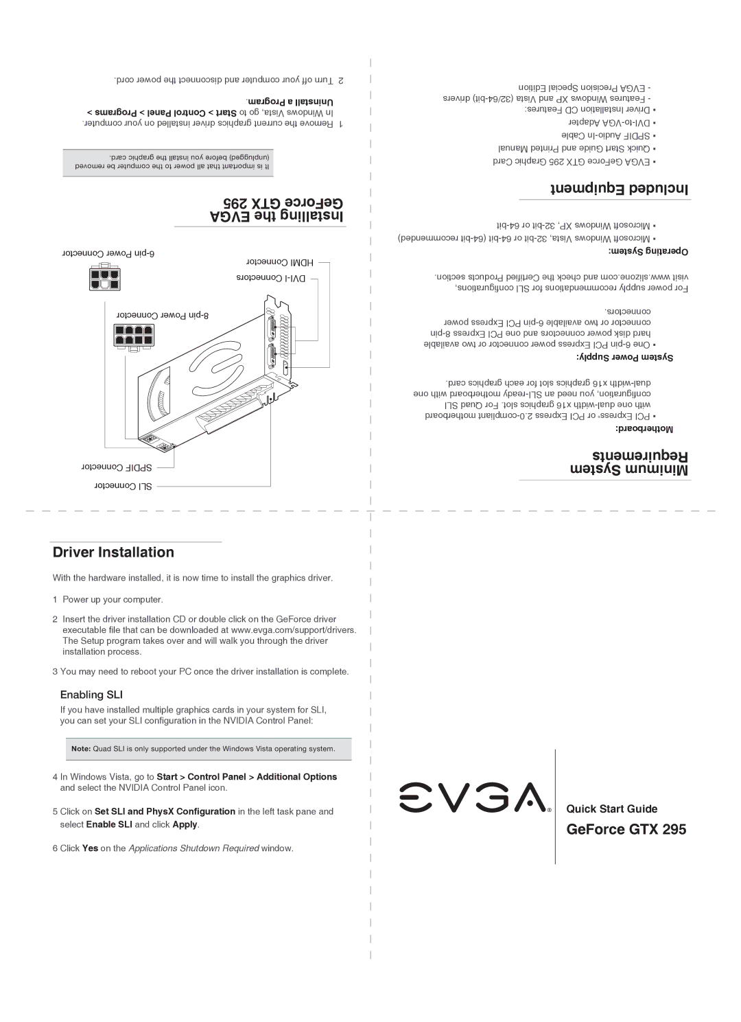 EVGA GTX 295 quick start GTX GeForce Equipment Included Evga the Installing, Requirements, System Minimum, GeForce GTX 