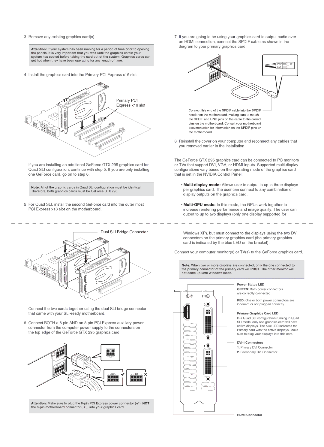 EVGA GTX 295 quick start Power Status LED, Primary Graphics Card LED, DVI-I Connectors, Hdmi Connector 