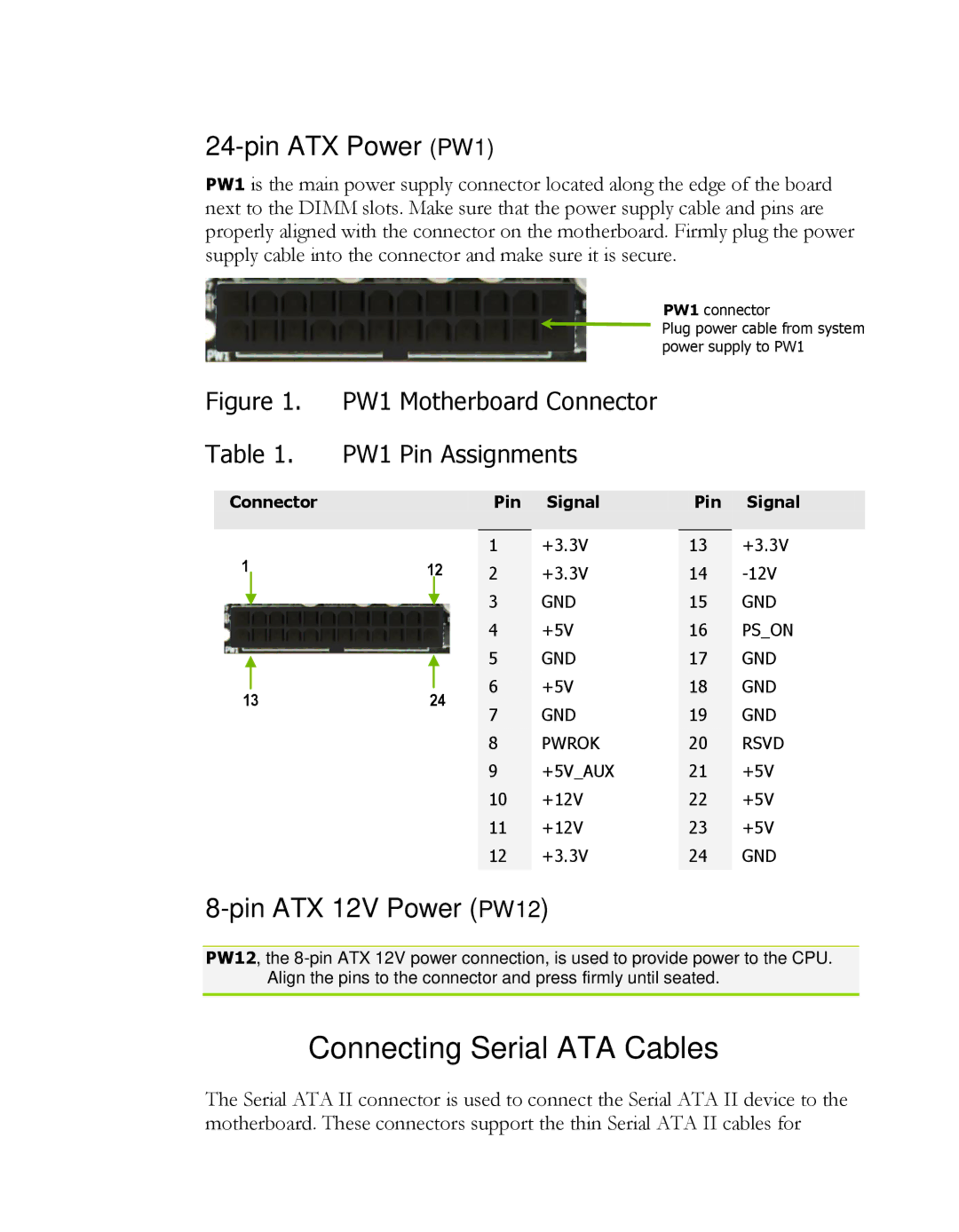 EVGA P55, 121-LF-E652 manual Connecting Serial ATA Cables, Pin ATX Power PW1, Pin ATX 12V Power PW12 