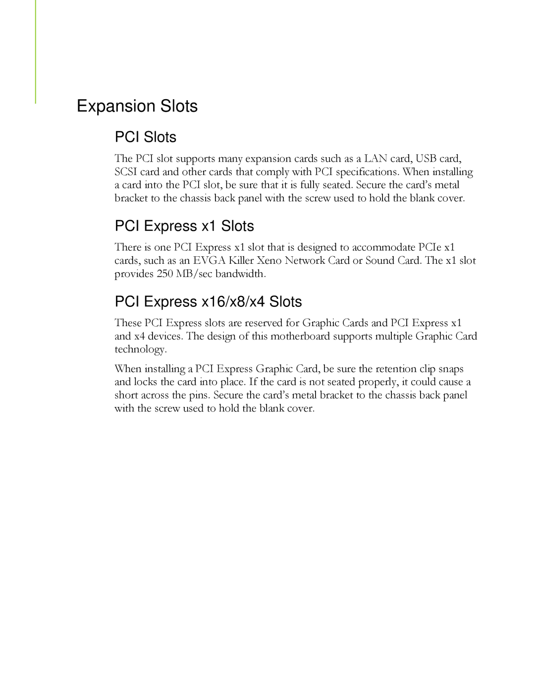 EVGA P55, 121-LF-E652 manual Expansion Slots, PCI Slots, PCI Express x1 Slots, PCI Express x16/x8/x4 Slots 