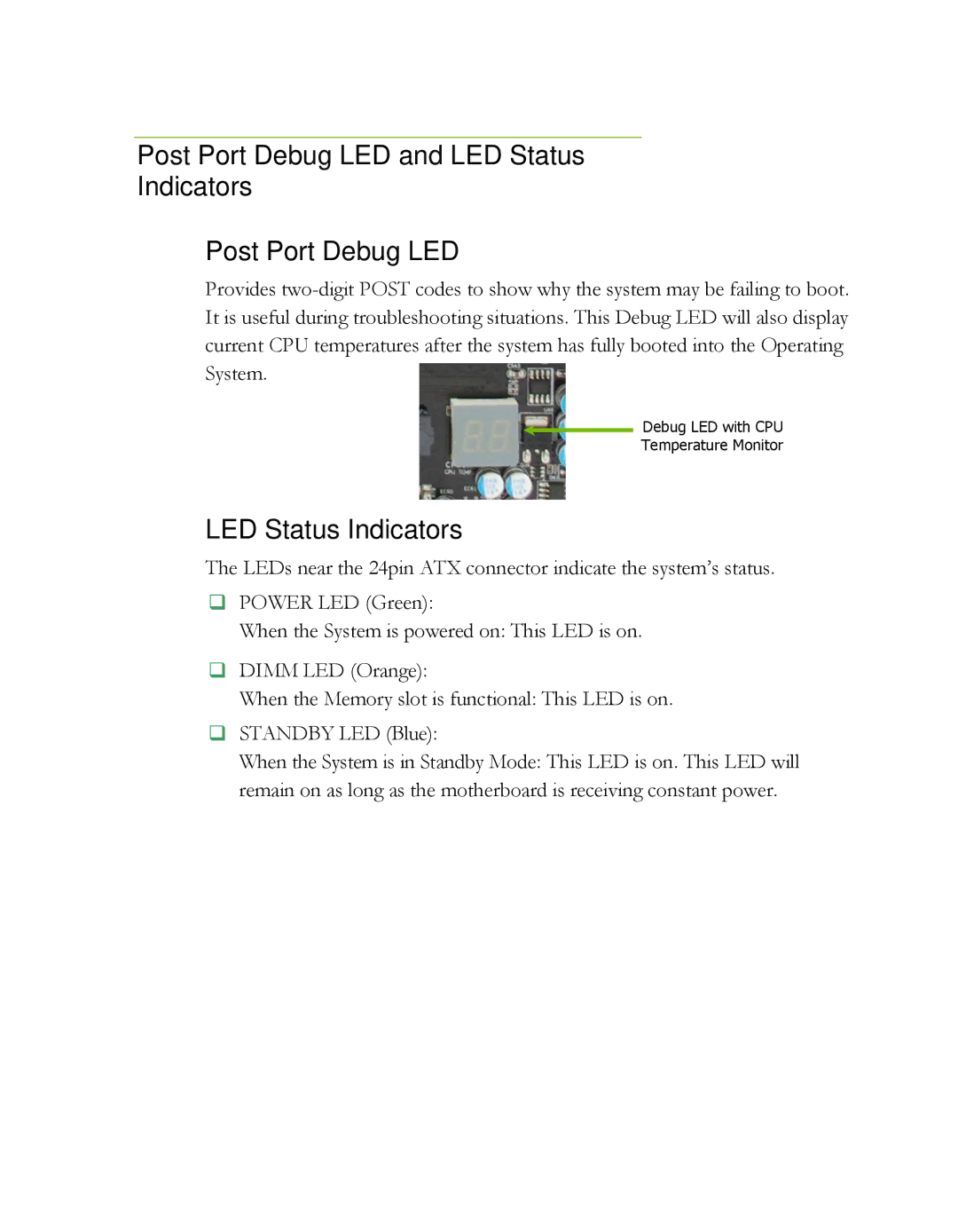 EVGA P55, 121-LF-E652 manual Post Port Debug LED and LED Status Indicators 