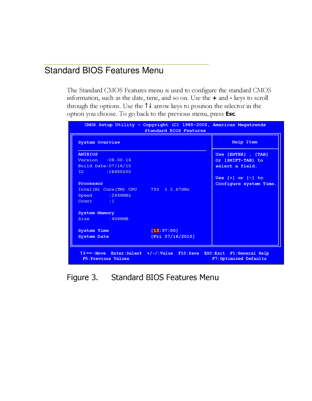 EVGA P55, 121-LF-E652 manual Standard Bios Features Menu, Amibios 