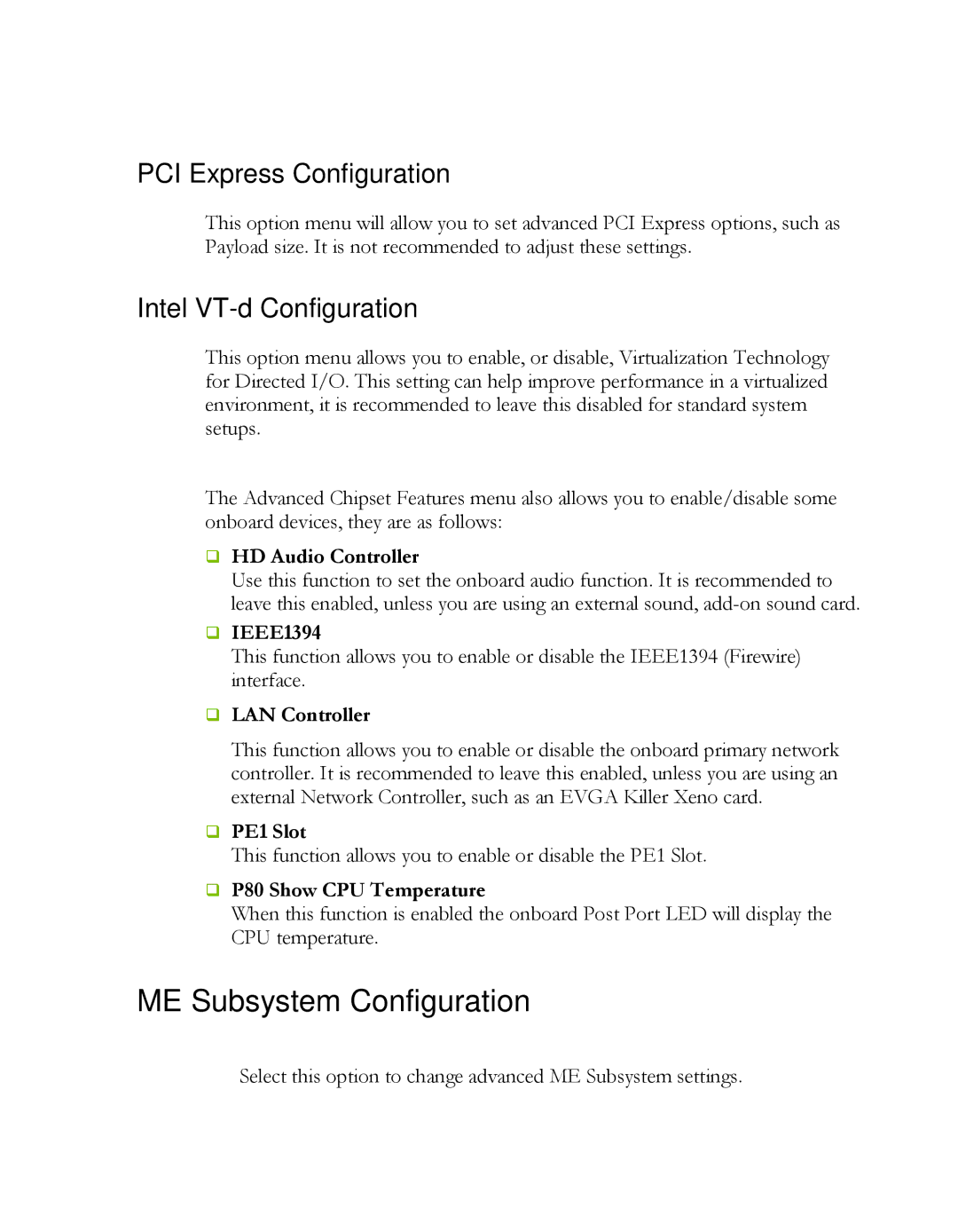 EVGA P55, 121-LF-E652 manual ME Subsystem Configuration, PCI Express Configuration, Intel VT-d Configuration 