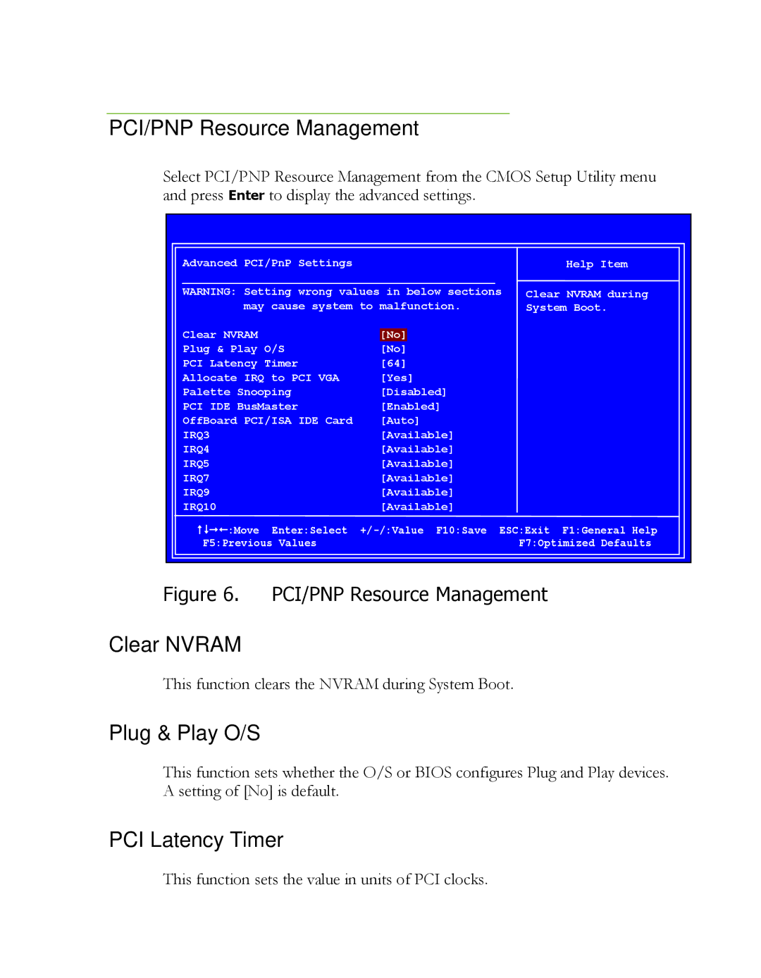 EVGA 121-LF-E652, P55 manual PCI/PNP Resource Management, Clear Nvram, Plug & Play O/S, PCI Latency Timer 