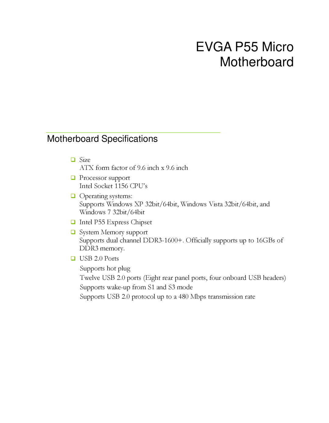 EVGA 121-LF-E652 manual Evga P55 Micro Motherboard, Motherboard Specifications 