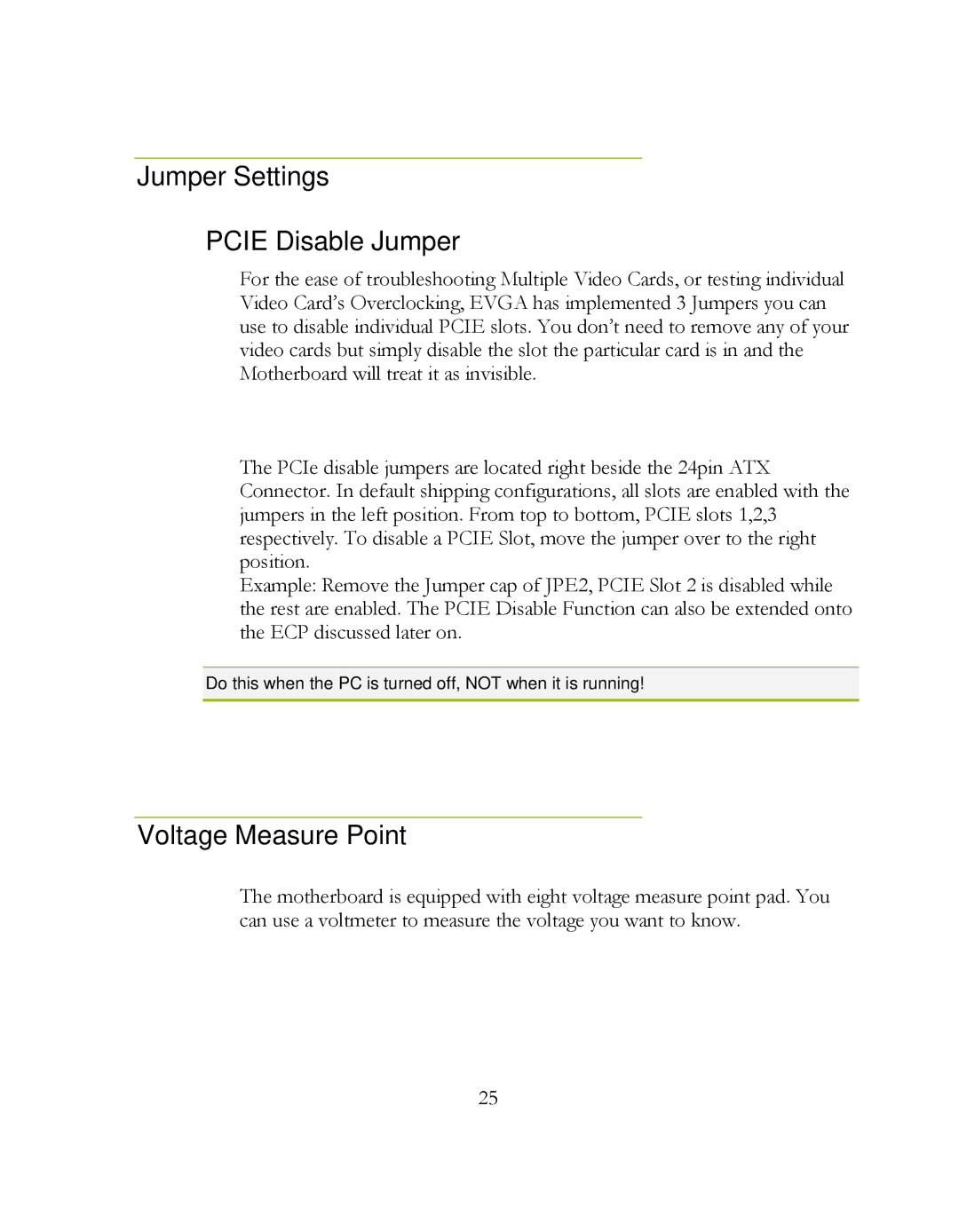 EVGA 160-LF-E659, P55 Classified 200 manual Jumper Settings Pcie Disable Jumper, Voltage Measure Point 