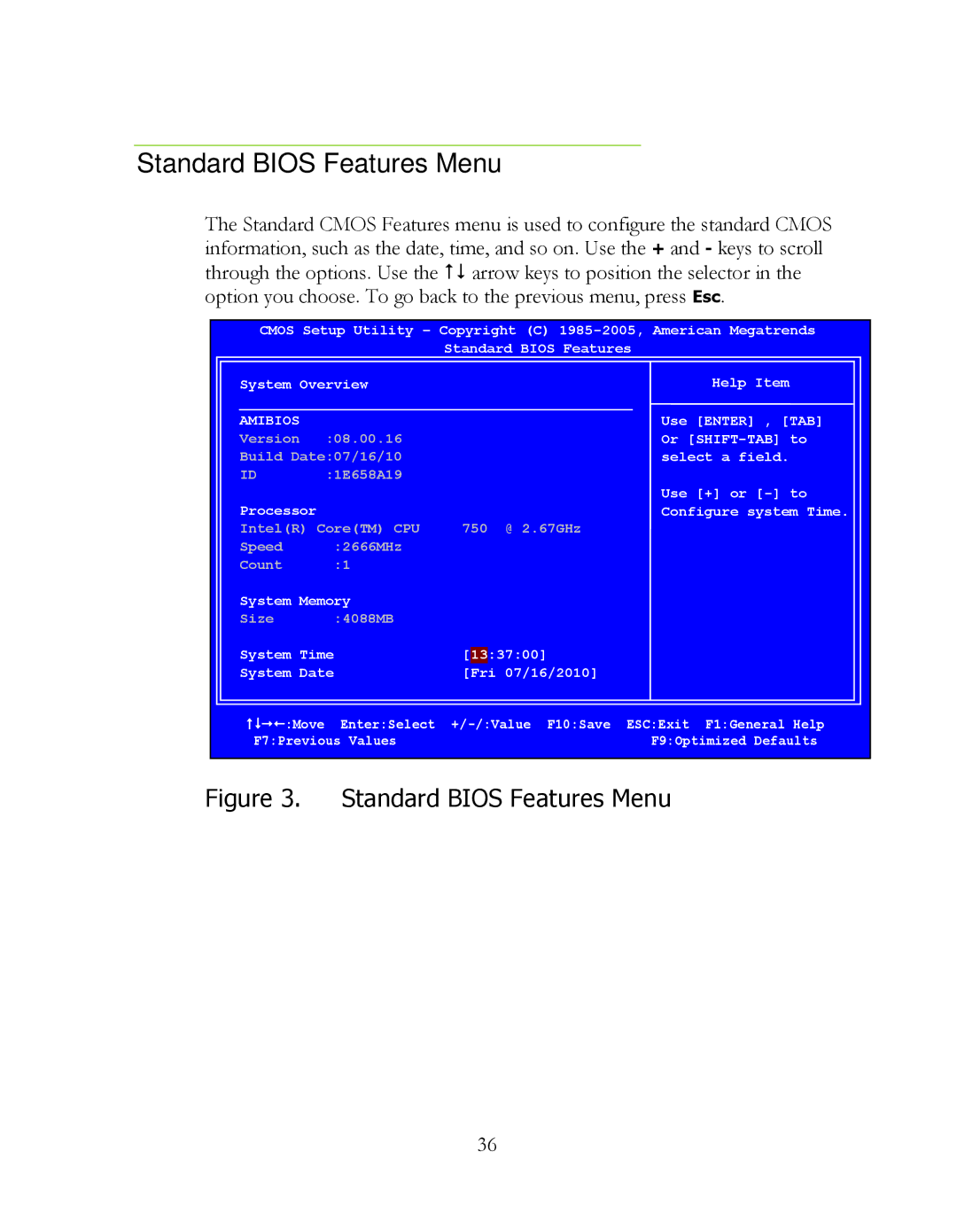 EVGA P55 Classified 200, 160-LF-E659 manual Standard Bios Features Menu, Amibios 