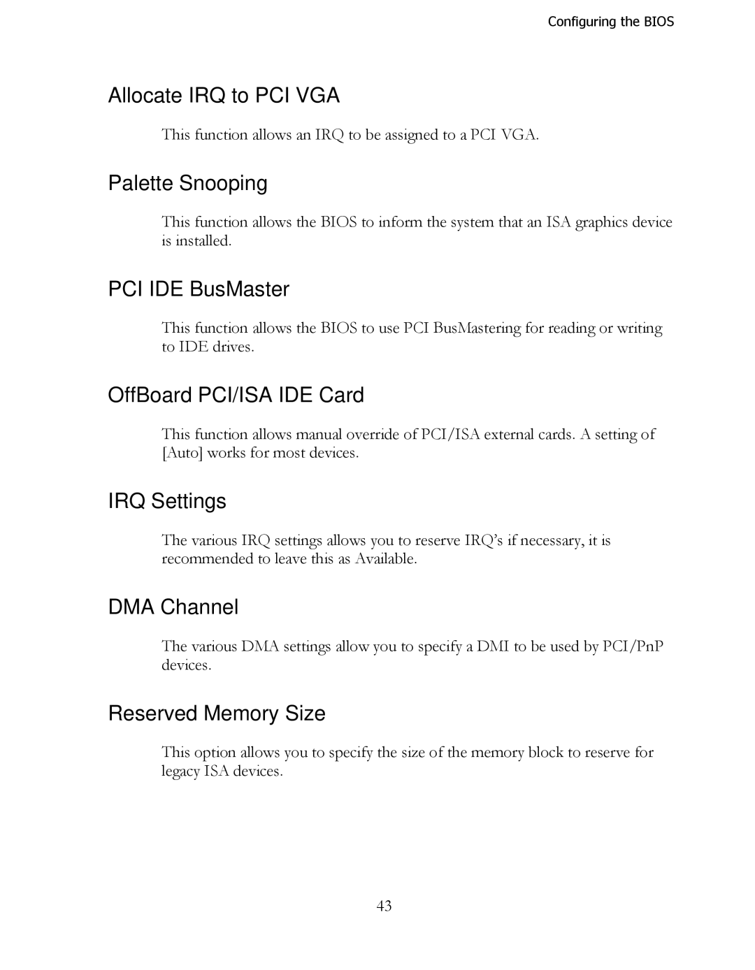 EVGA 160-LF-E659 Allocate IRQ to PCI VGA, Palette Snooping, PCI IDE BusMaster, OffBoard PCI/ISA IDE Card, IRQ Settings 