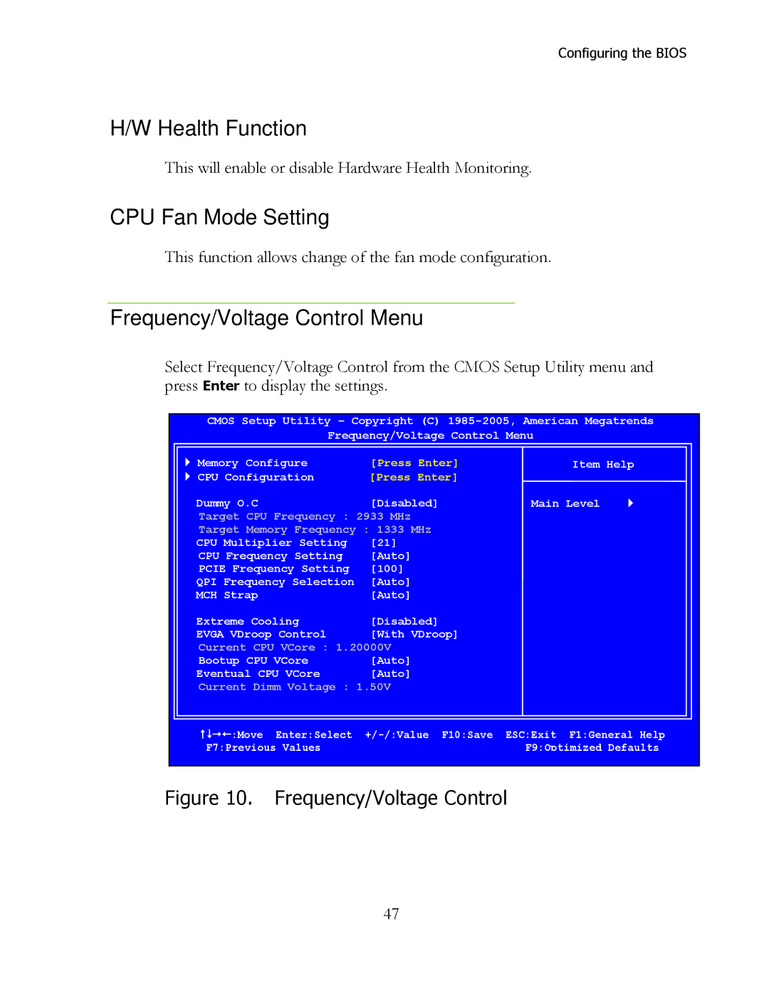 EVGA 160-LF-E659, P55 Classified 200 manual Health Function, CPU Fan Mode Setting, Frequency/Voltage Control Menu 