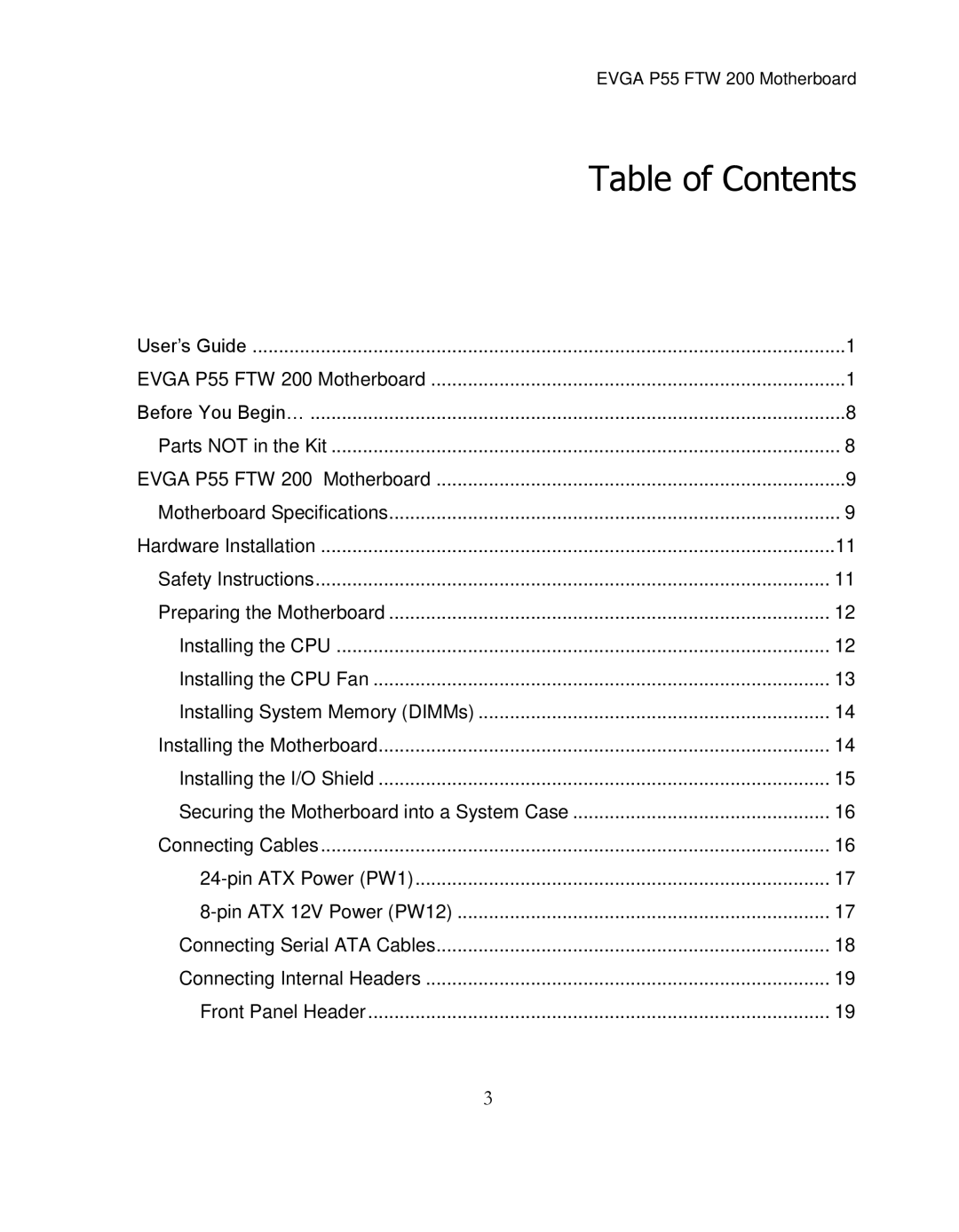 EVGA 141-LF-E658, P55 FTW 200 manual Table of Contents 