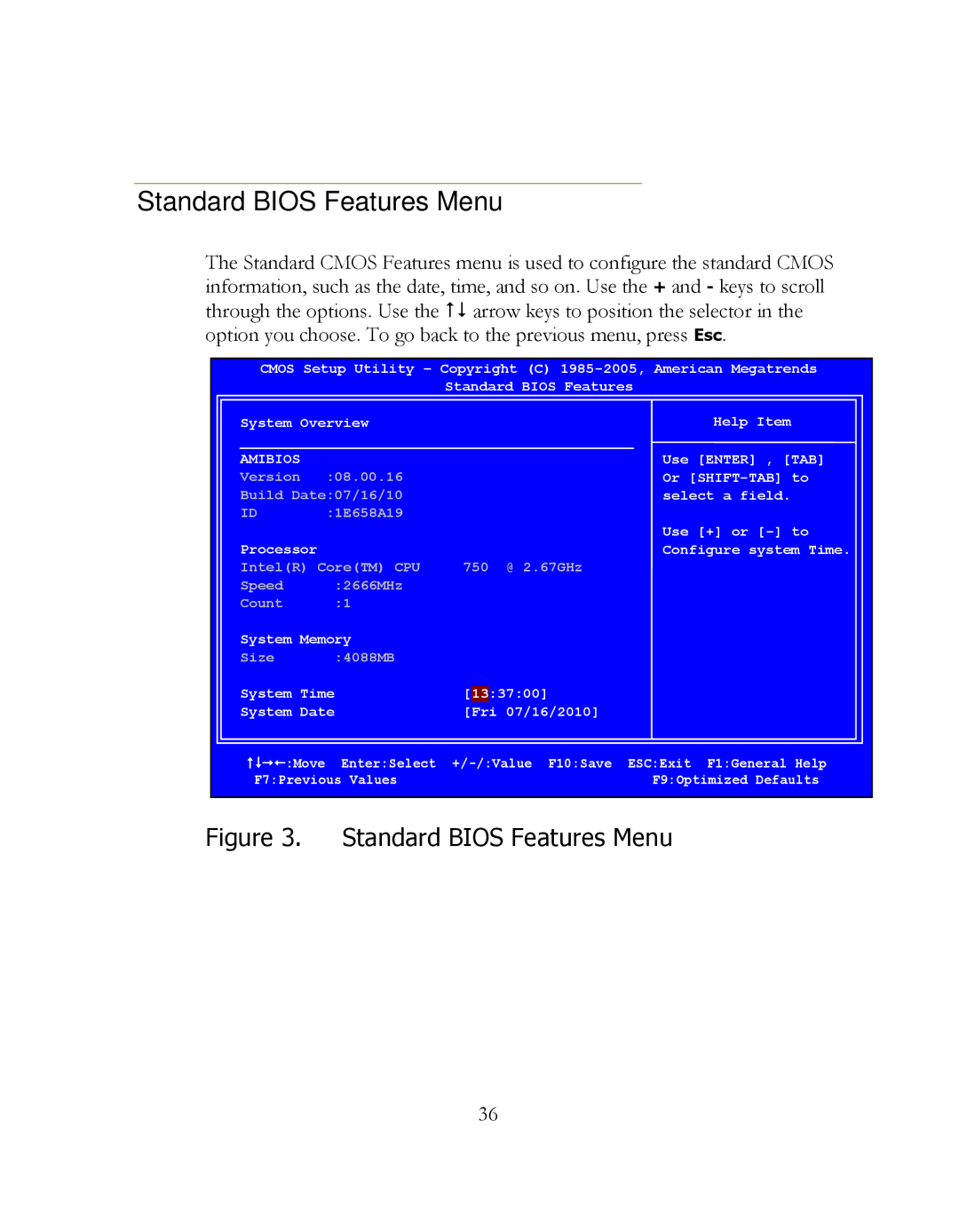 EVGA P55 FTW 200, 141-LF-E658 manual Standard Bios Features Menu, Amibios 