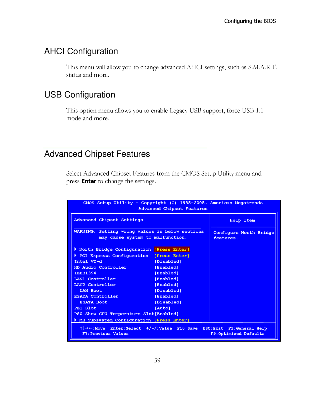 EVGA 141-LF-E658, P55 FTW 200 manual Ahci Configuration, USB Configuration, Advanced Chipset Features 