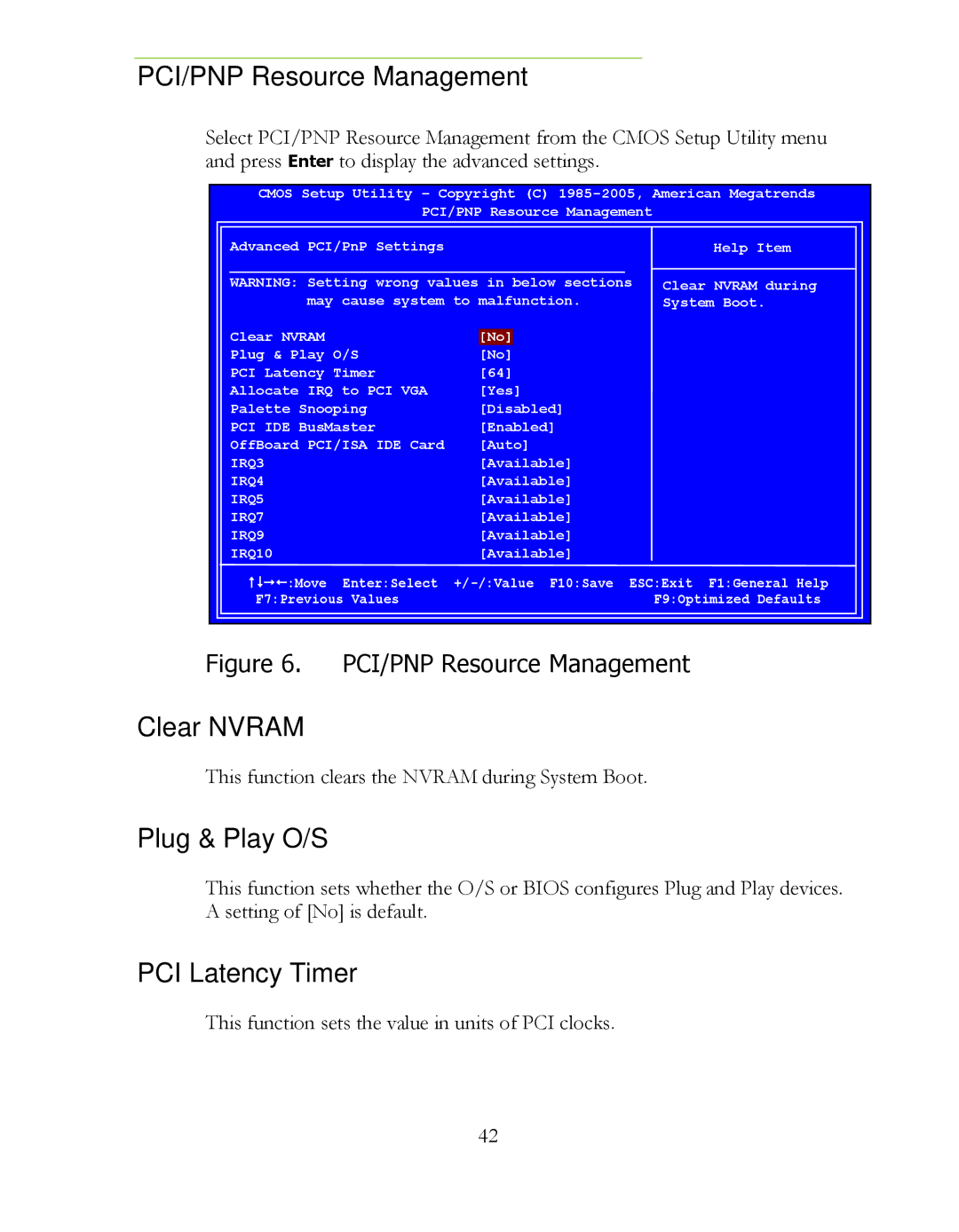 EVGA P55 FTW 200, 141-LF-E658 manual PCI/PNP Resource Management, Clear Nvram, Plug & Play O/S, PCI Latency Timer 