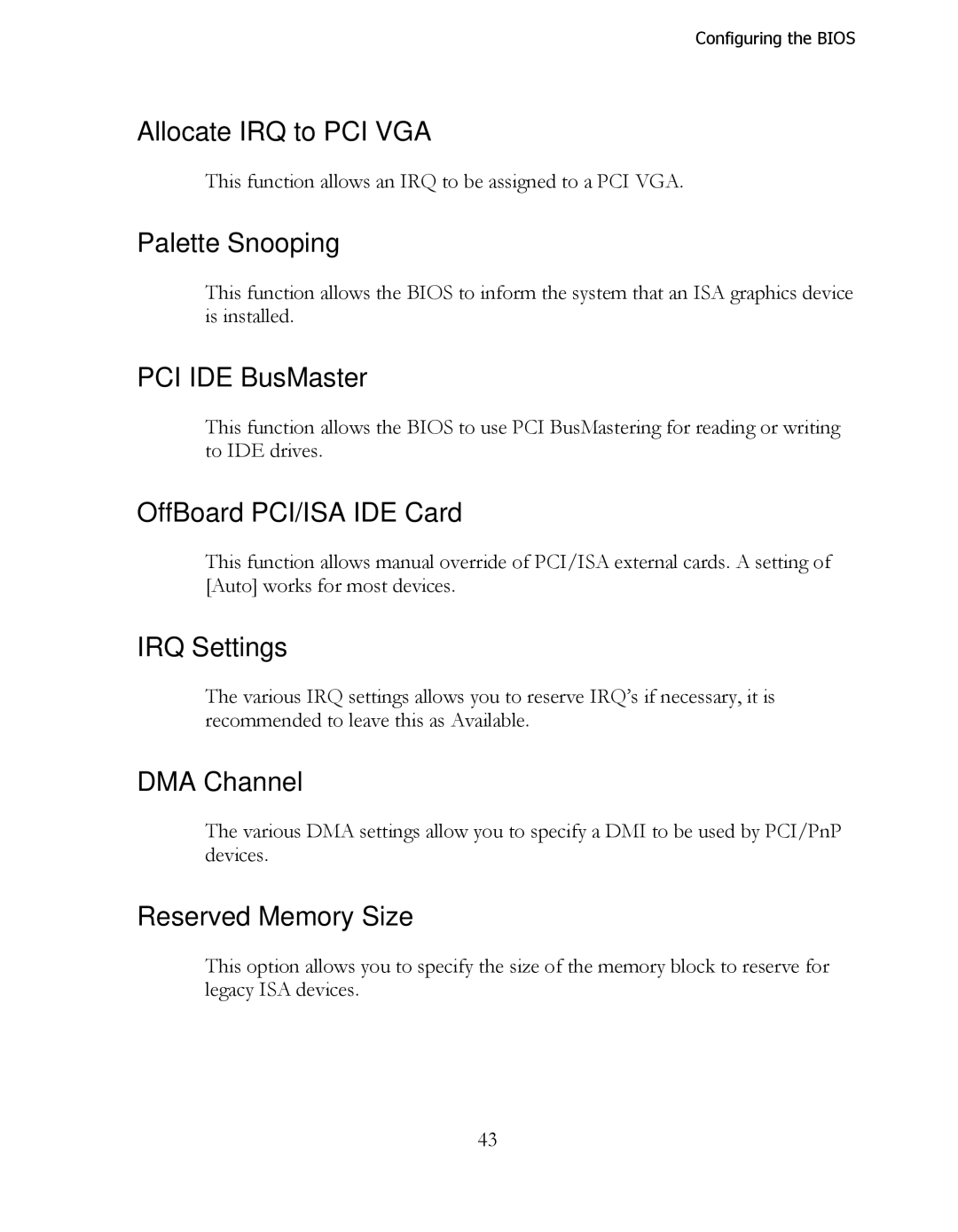 EVGA 141-LF-E658 Allocate IRQ to PCI VGA, Palette Snooping, PCI IDE BusMaster, OffBoard PCI/ISA IDE Card, IRQ Settings 