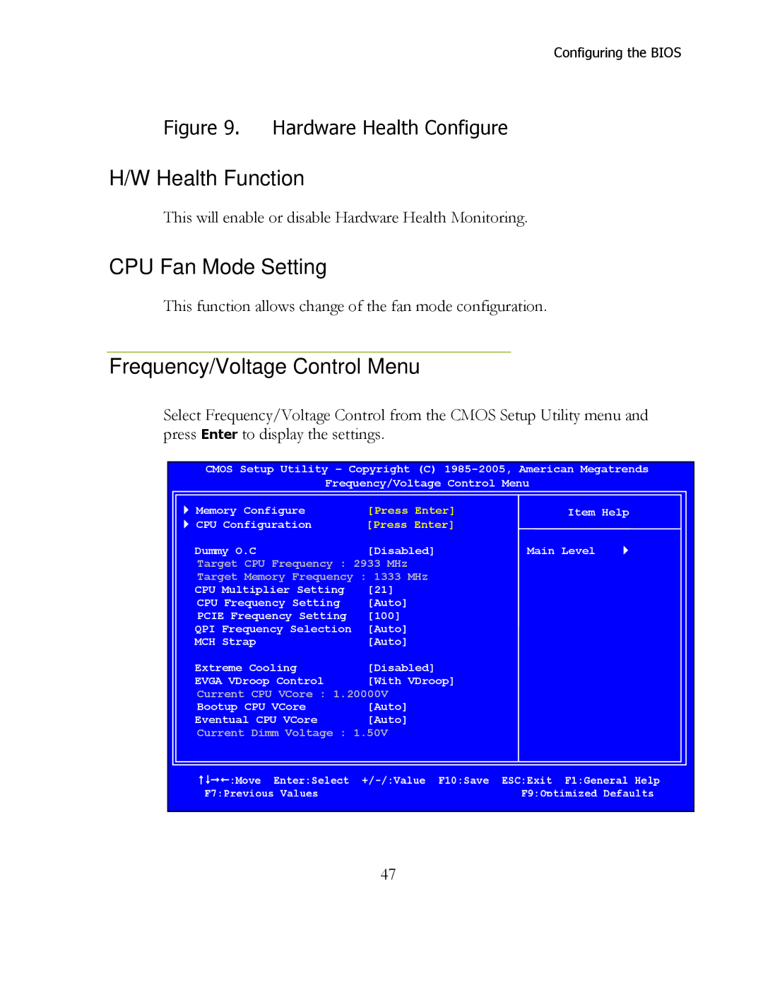 EVGA 141-LF-E658, P55 FTW 200 manual Health Function, CPU Fan Mode Setting, Frequency/Voltage Control Menu 