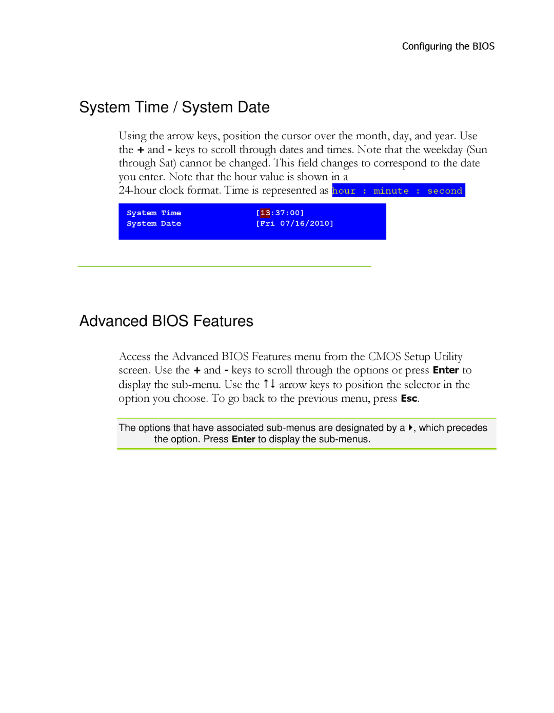 EVGA P55 FTW manual System Time / System Date, Advanced Bios Features 