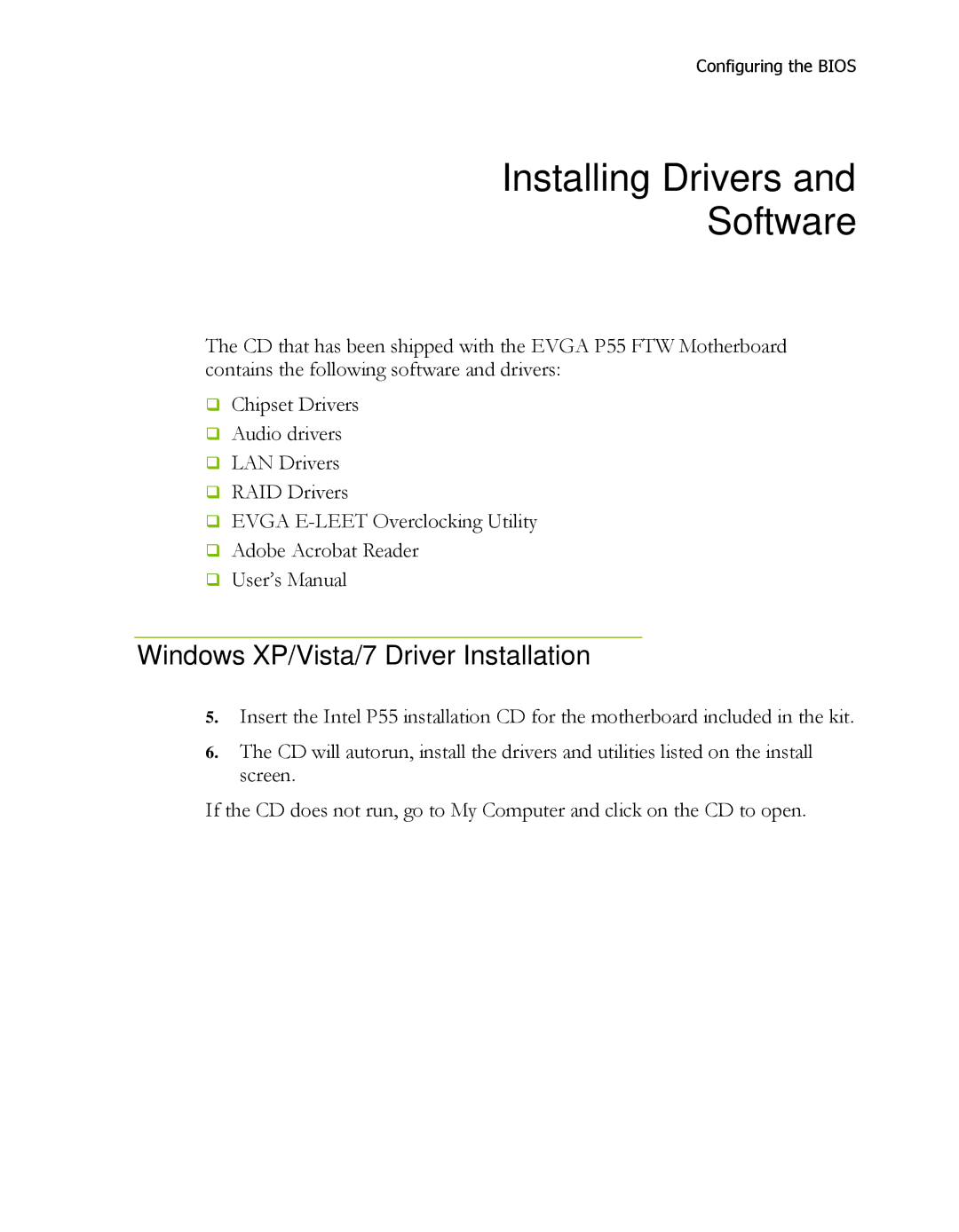 EVGA P55 FTW manual Installing Drivers Software, Windows XP/Vista/7 Driver Installation 