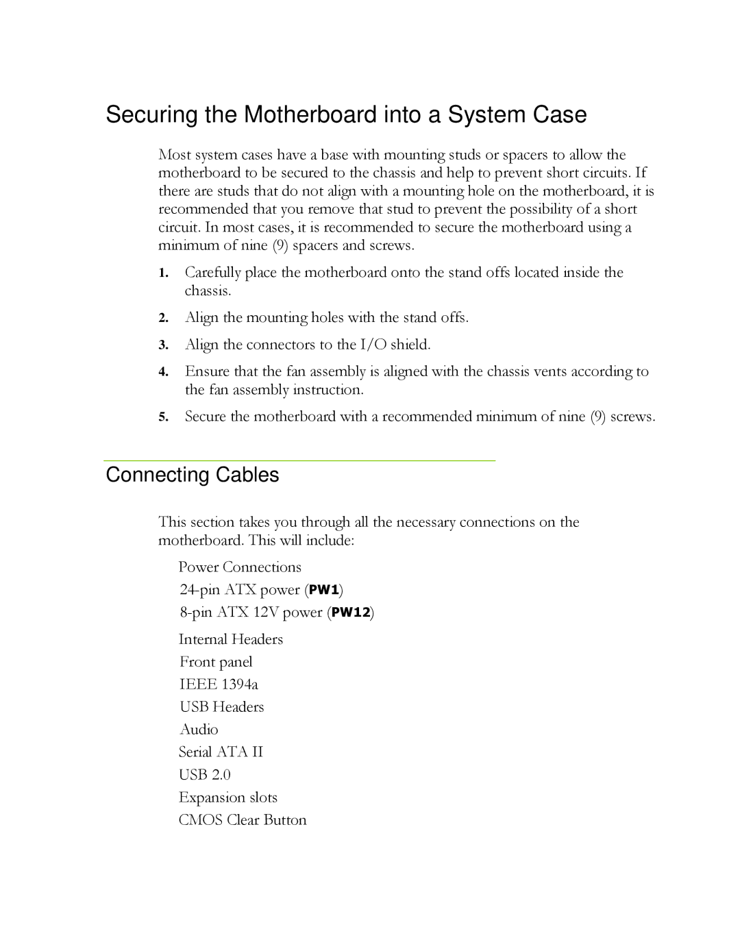 EVGA P55 LE manual Securing the Motherboard into a System Case, Connecting Cables 