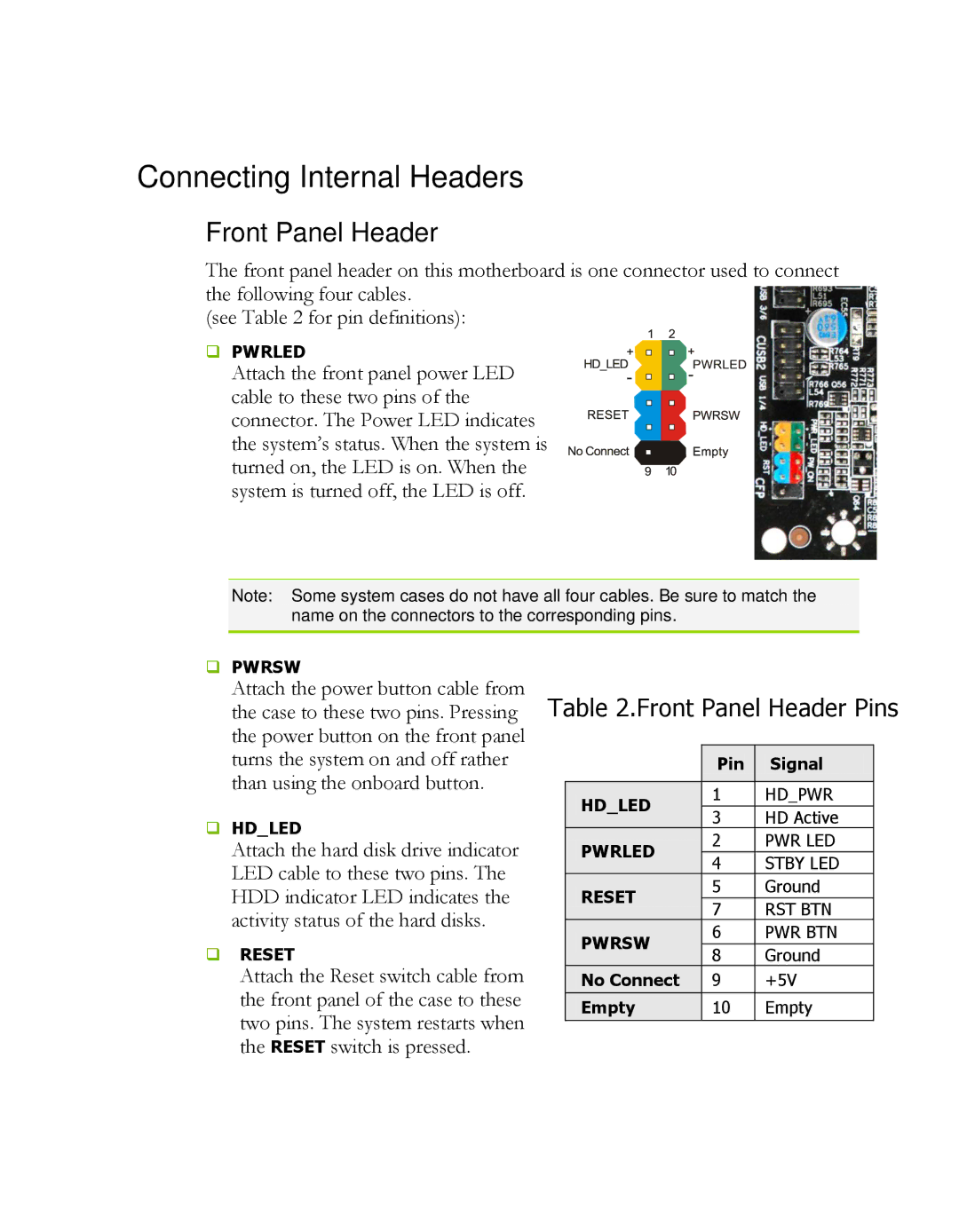 EVGA P55 LE manual Connecting Internal Headers, Front Panel Header 