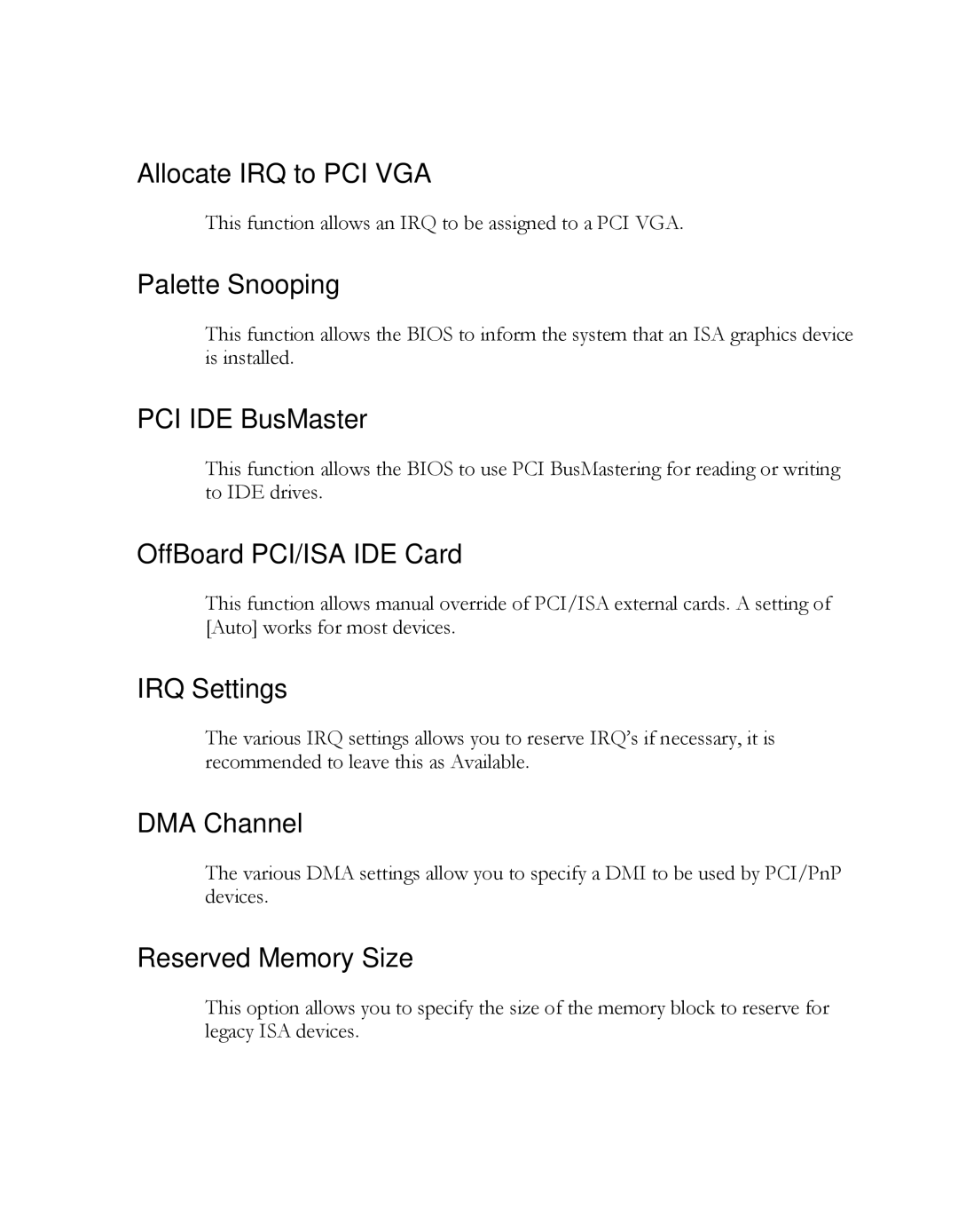 EVGA P55 LE manual Allocate IRQ to PCI VGA, Palette Snooping, PCI IDE BusMaster, OffBoard PCI/ISA IDE Card, IRQ Settings 