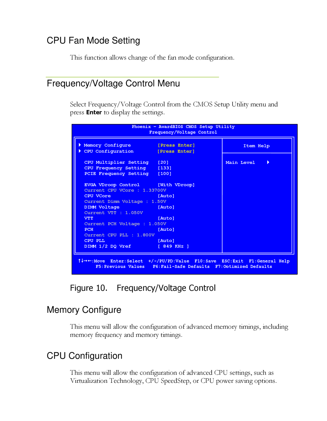 EVGA P55 LE manual CPU Fan Mode Setting, Frequency/Voltage Control Menu, Memory Configure, CPU Configuration 