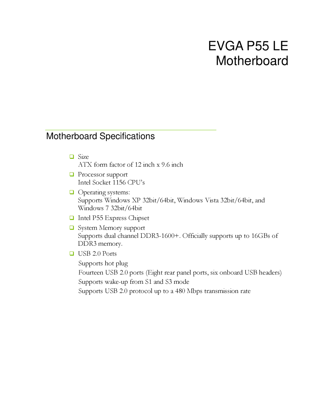 EVGA P55 LE manual Motherboard Specifications 