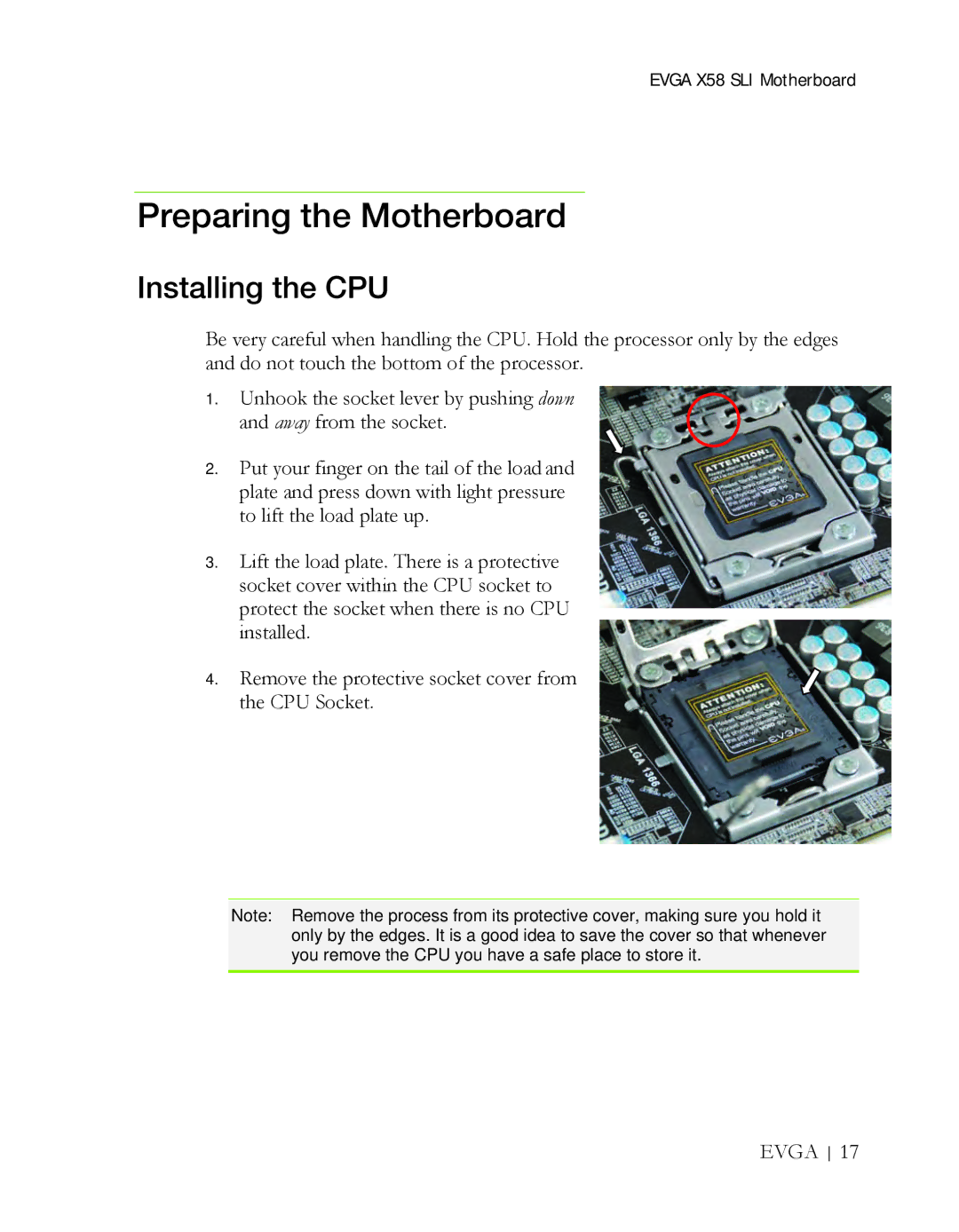 EVGA X58 3X SLI manual Preparing the Motherboard, Installing the CPU 