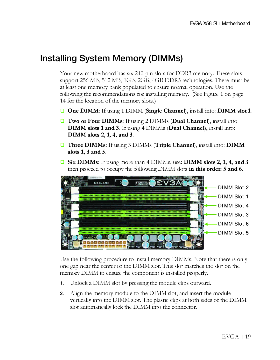 EVGA X58 3X SLI manual Installing System Memory DIMMs 