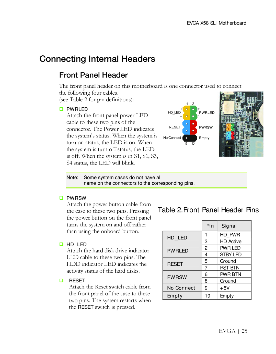 EVGA X58 3X SLI manual Connecting Internal Headers, Front Panel Header 