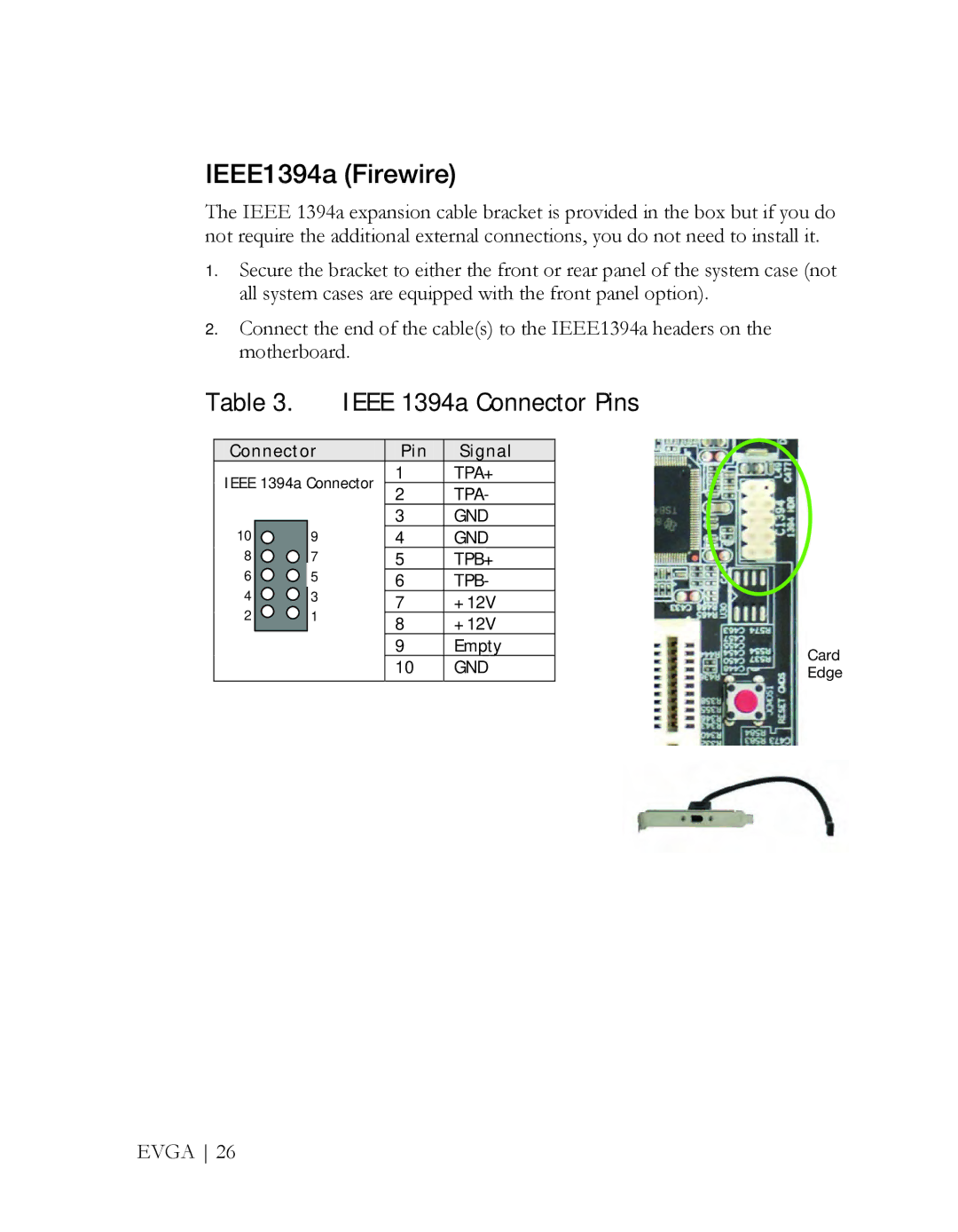 EVGA X58 3X SLI manual IEEE1394a Firewire, Ieee 1394a Connector Pins 