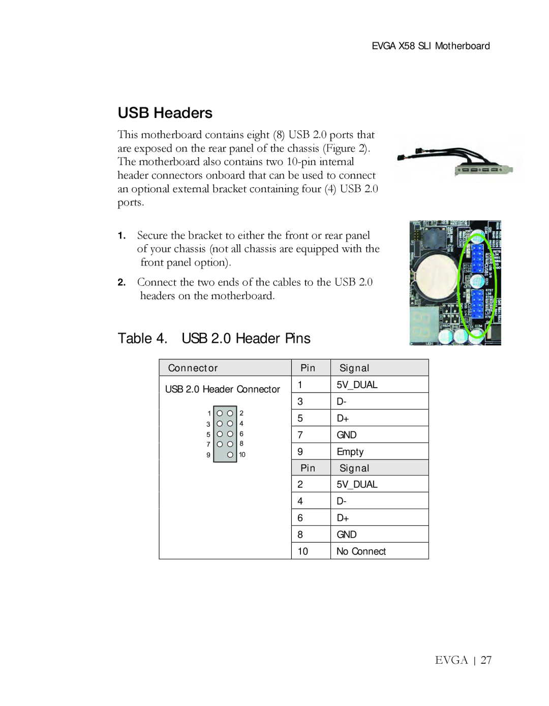 EVGA X58 3X SLI manual USB Headers, USB 2.0 Header Pins 