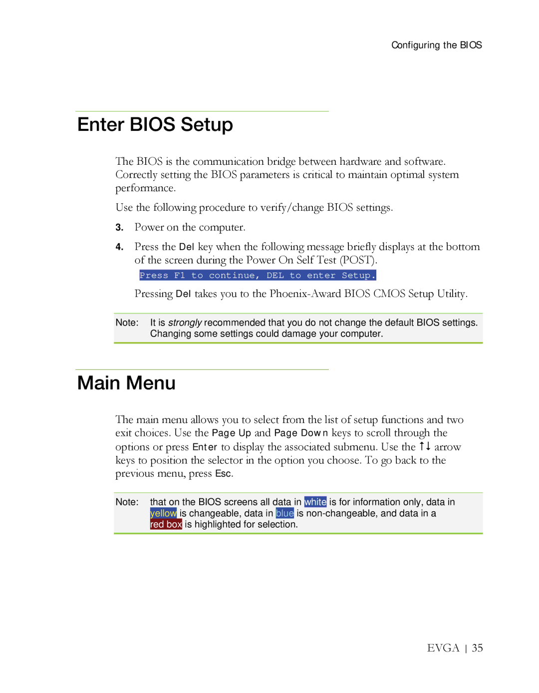 EVGA X58 3X SLI manual Enter Bios Setup, Main Menu 