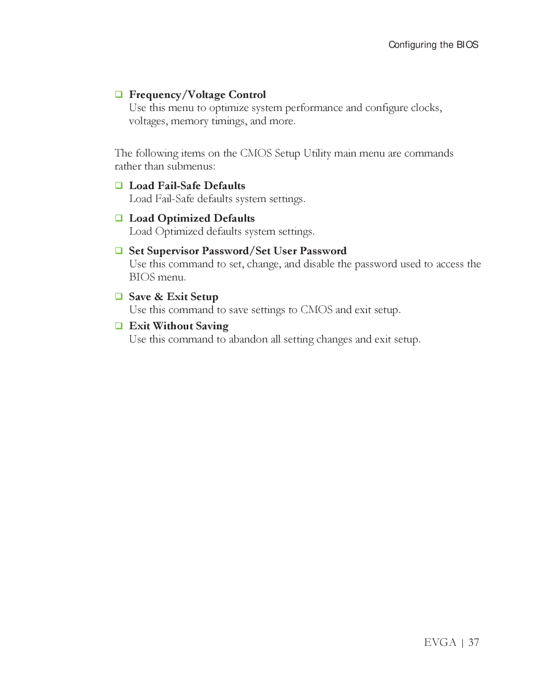 EVGA X58 3X SLI manual Frequency/Voltage Control, Load Fail-Safe Defaults, Load Optimized Defaults, Save & Exit Setup 