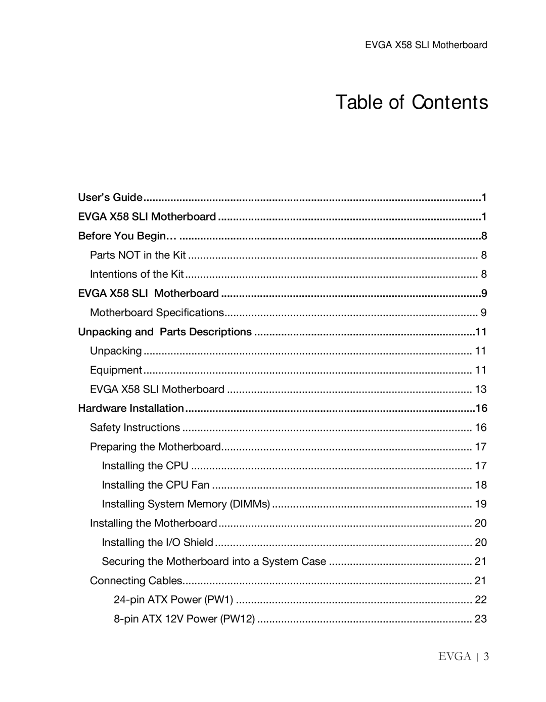 EVGA X58 3X SLI manual Table of Contents 