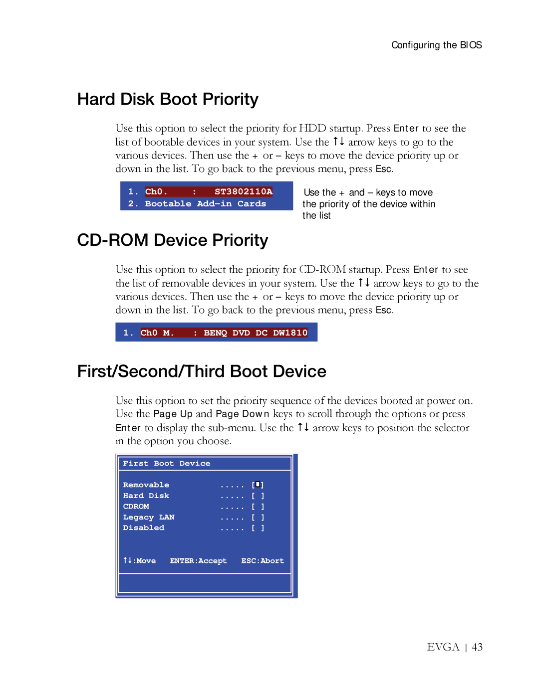 EVGA X58 3X SLI manual Hard Disk Boot Priority, CD-ROM Device Priority, First/Second/Third Boot Device 