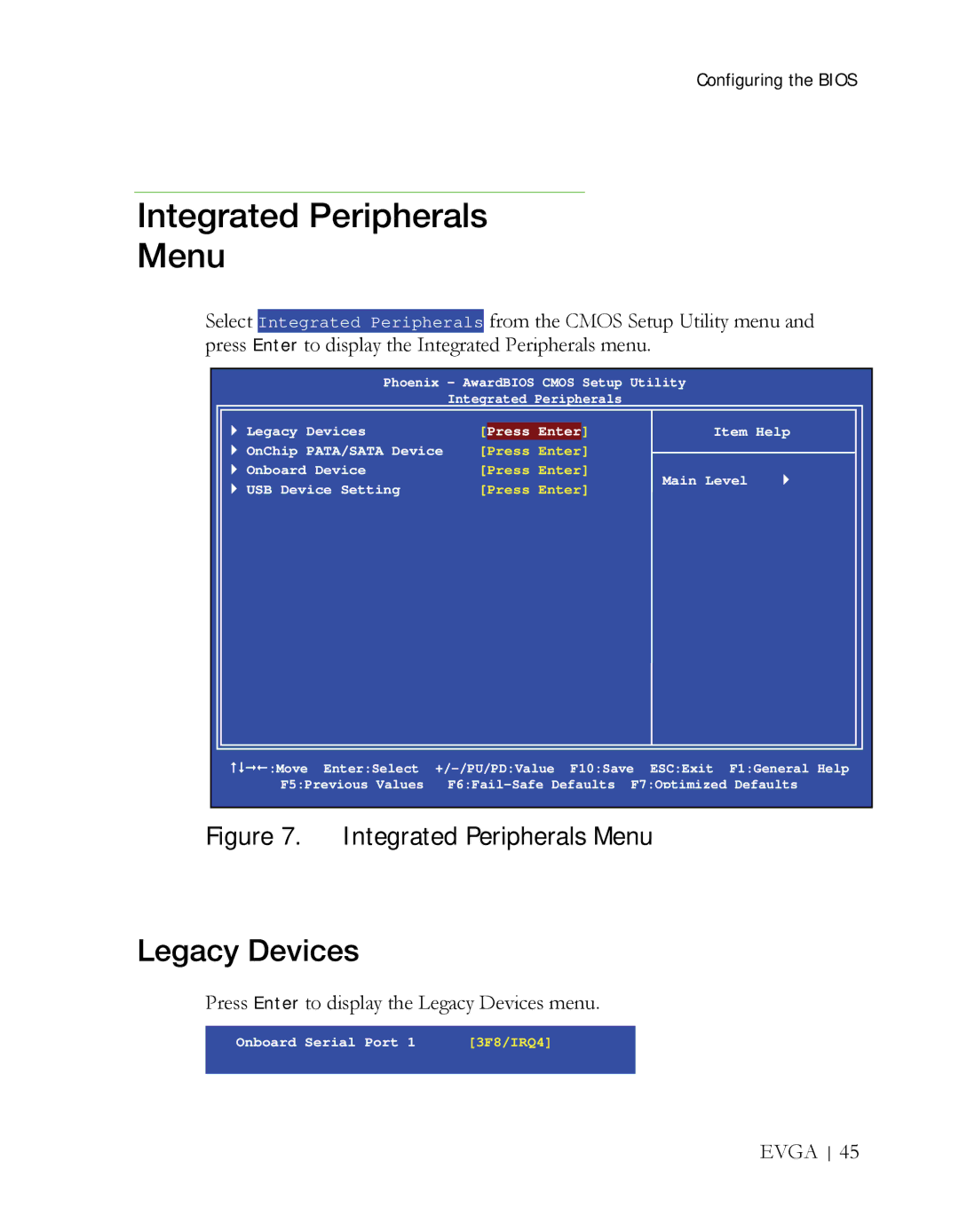 EVGA X58 3X SLI manual Integrated Peripherals Menu, Legacy Devices 