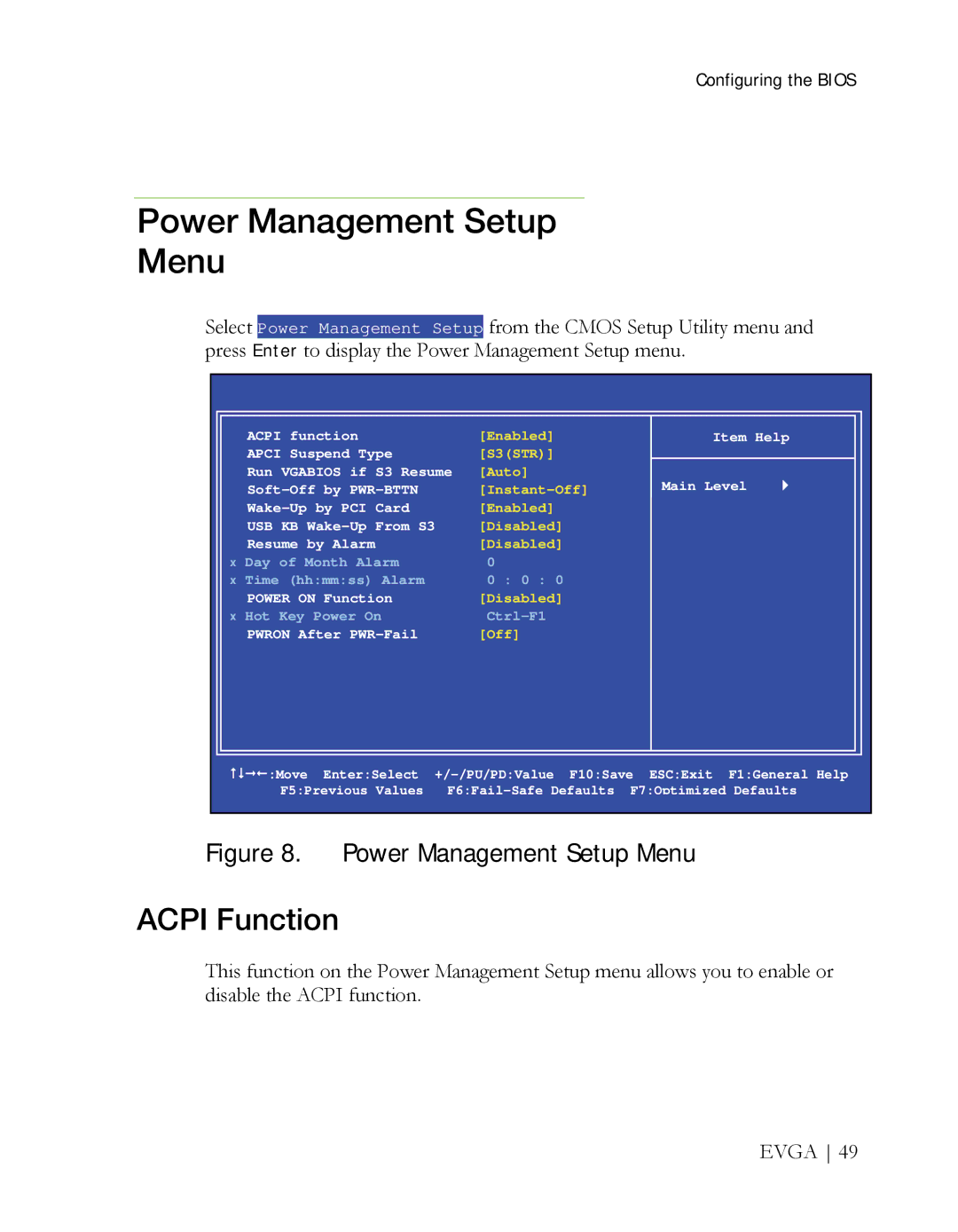 EVGA X58 3X SLI manual Power Management Setup Menu, Acpi Function 