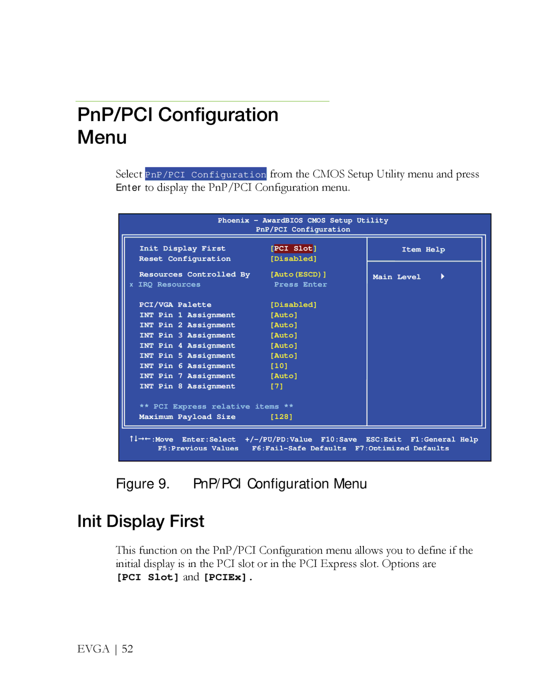 EVGA X58 3X SLI manual PnP/PCI Configuration Menu, Init Display First 