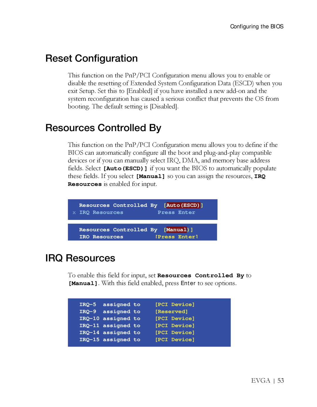 EVGA X58 3X SLI manual Reset Configuration, Resources Controlled By, IRQ Resources 