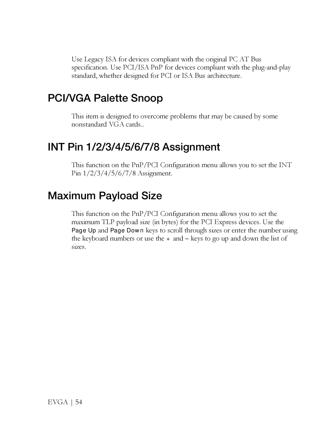 EVGA X58 3X SLI manual PCI/VGA Palette Snoop, INT Pin 1/2/3/4/5/6/7/8 Assignment, Maximum Payload Size 