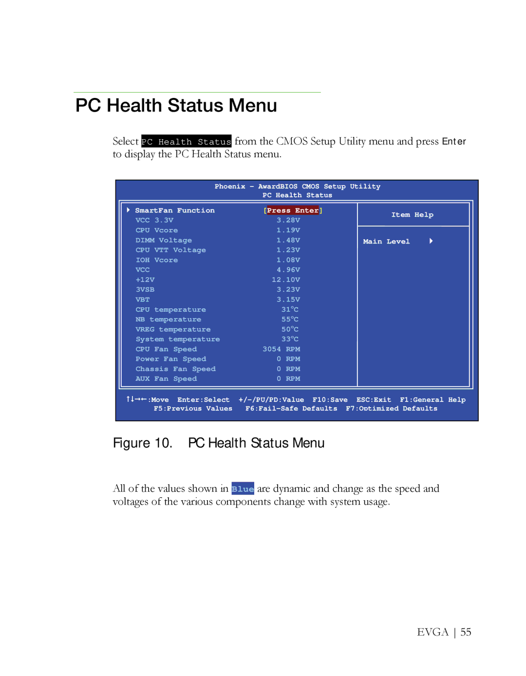 EVGA X58 3X SLI manual PC Health Status Menu, Vbt 