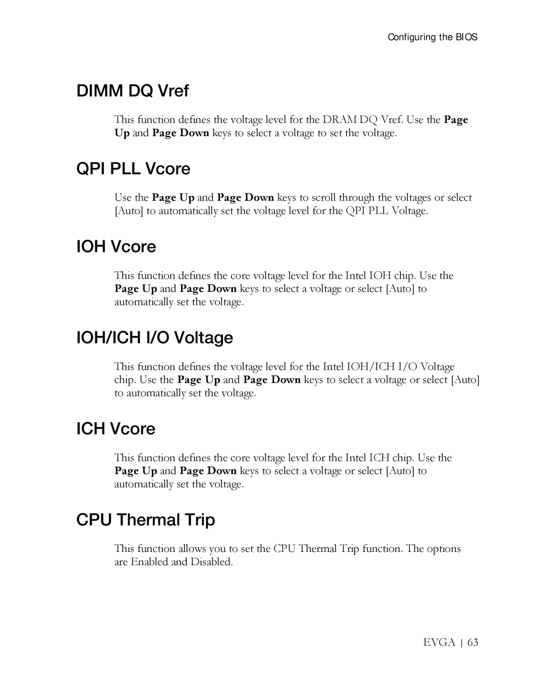 EVGA X58 3X SLI manual Dimm DQ Vref, QPI PLL Vcore, IOH Vcore, IOH/ICH I/O Voltage, ICH Vcore, CPU Thermal Trip 