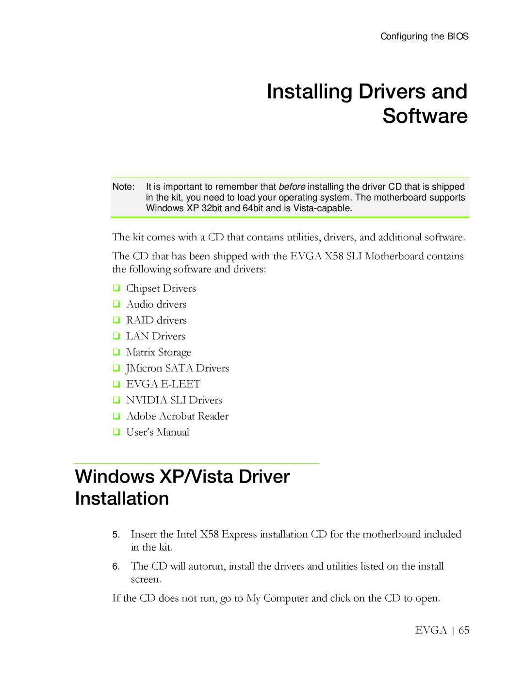 EVGA X58 3X SLI manual Installing Drivers Software, Windows XP/Vista Driver Installation 