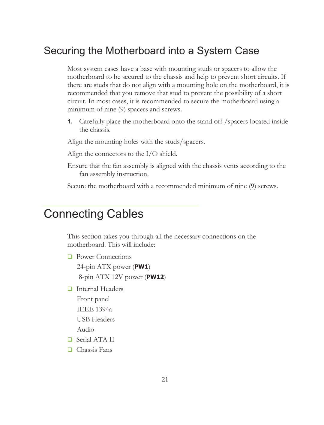 EVGA X58 SLI Micro, 121-BL-E756 manual Connecting Cables, Securing the Motherboard into a System Case 