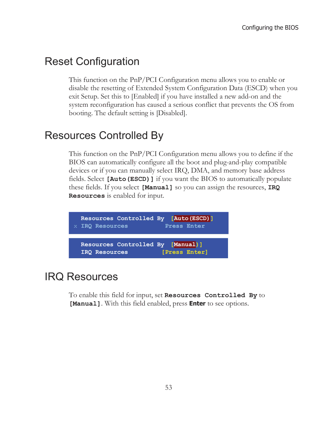 EVGA X58 SLI Micro, 121-BL-E756 manual Reset Configuration, Resources Controlled By, IRQ Resources 