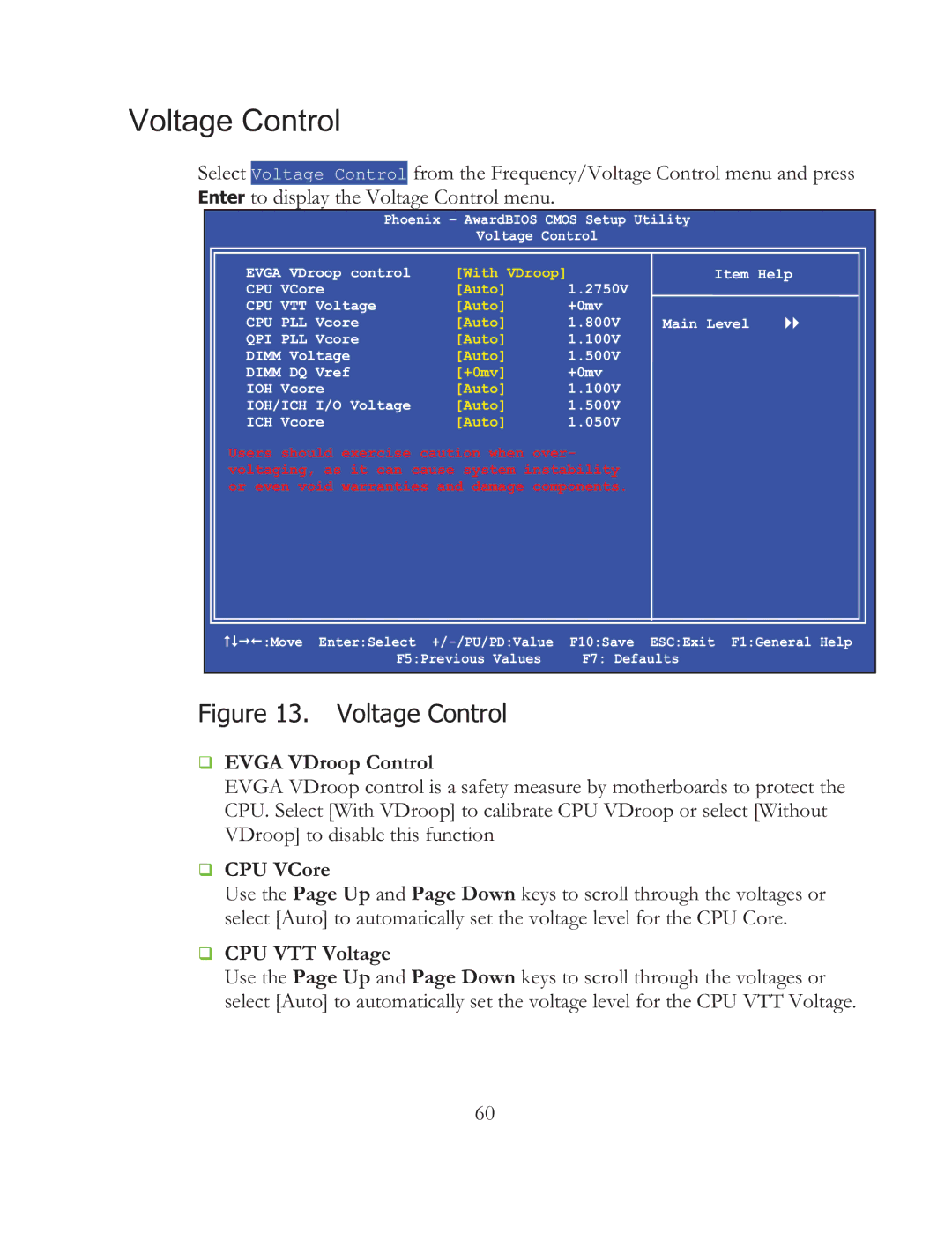 EVGA 121-BL-E756, X58 SLI Micro manual Voltage Control, ‰ Evga VDroop Control, ‰ CPU VCore, ‰ CPU VTT Voltage 